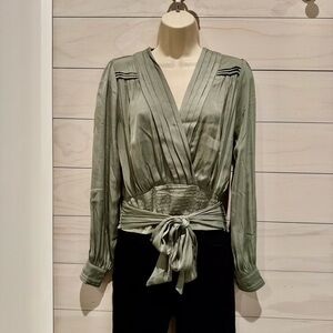 Anthropologie Sage Green Pleated Wrap Blouse - XS
